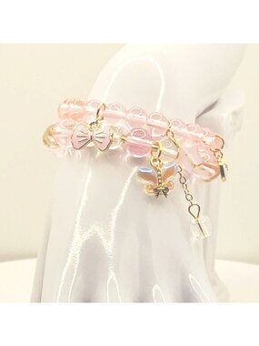 Pink Bow Bracelet, Coquette Charm Bracelet, Butterfly Beaded Stretch Bracelet